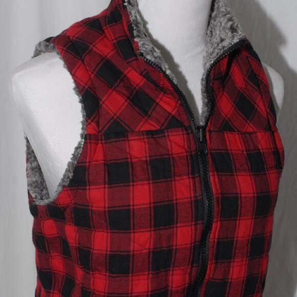 LNC Reversible Sherpa Fleece Plaid Maurices Womens Medium Vest Red Black Gray - Picture 1 of 10